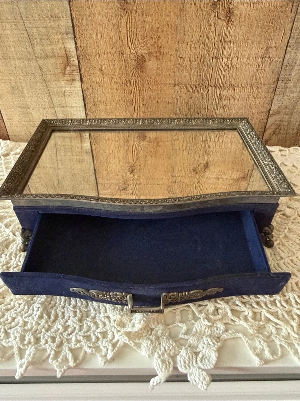 Vintage Velvet Jewelry Trinket Box with Mirrored Top - Navy